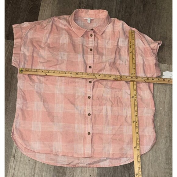 Time And Tru Womens Pink Plaid Short Sleeve Button-Up Shirt L (12-14) Linen Blen - Picture 5 of 5